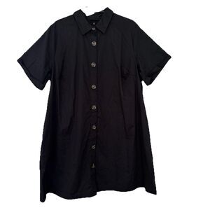 WHO WHAT WEAR Black Cotton 100% Poplin Button Front Shirt Dress Minimalist Sz 1X